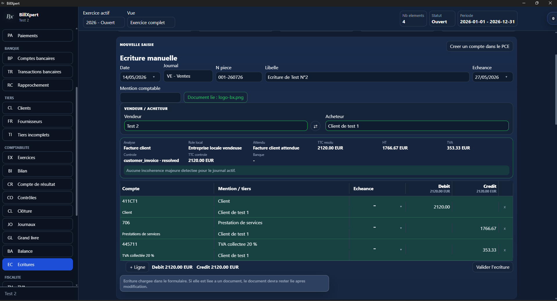 Saisie comptable contrôlée dans BillXpert